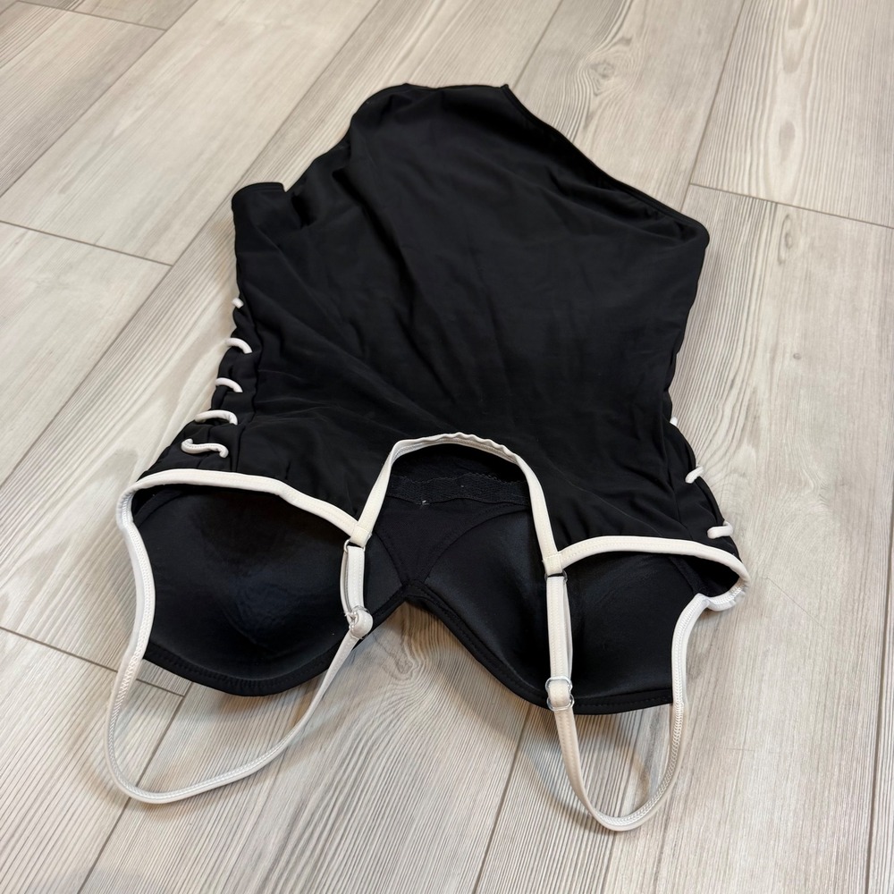 Shape fx 12T Swim Black One Piece Swimsuit White Trim Lace Up Sides Padded - Picture 9 of 14
